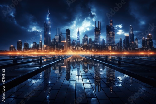 Cyber dark night city landscape background. Light glowing on dark scene by Generative AI