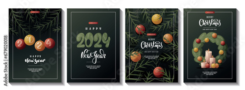 Flyer set for Merry Christmas and New Year. Christmas wreath, balls, tree, candles. Vector illustration for poster, banner, card, invitation, cover.