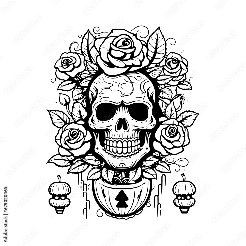 Obraz premium Skull Rose Dark illustration Devil Demon Horror Bone Skull Hand drawn head Hatching symbol Tattoo Merch Vintage Vector
