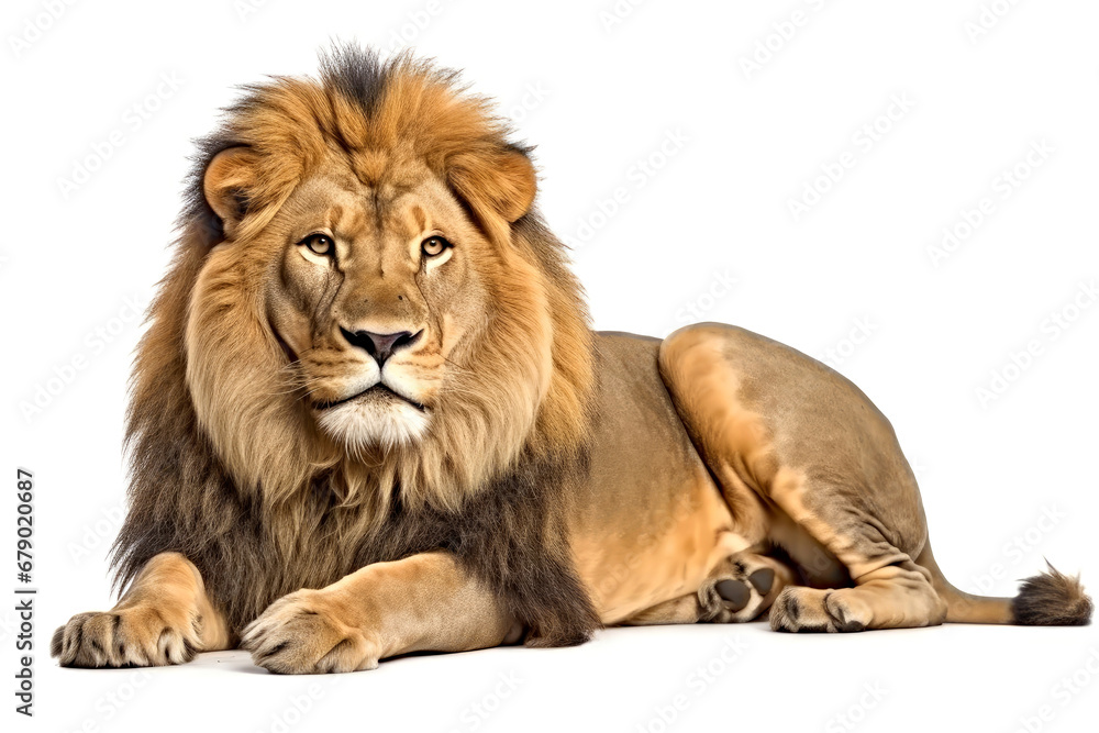 Lion lying down, isolated on white background, front view.