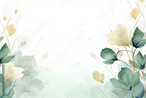 Eco-Friendly Floral Background with Subtle Ink Wash Green Leaves and Light Gold Accents. photo