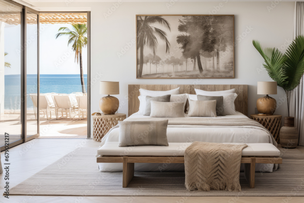 Fototapeta premium Seamless Indoor-Outdoor home with a Modern Beachfront Bedroom Aesthetic