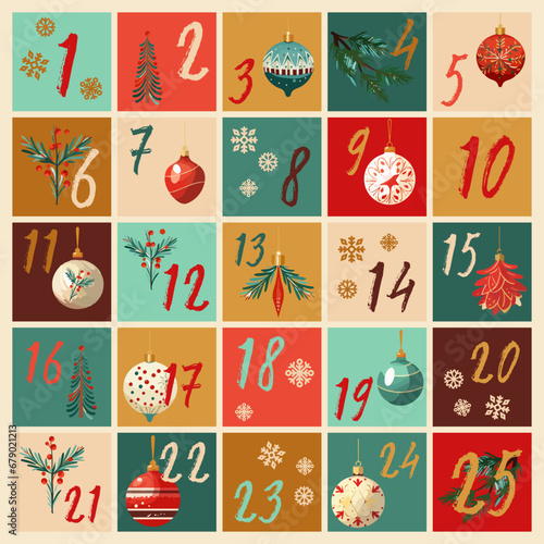 Vector Christmas 25 window advent calendar with tree ornaments and snowflakes. 