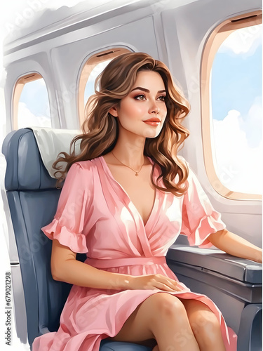 Watercolor illustration of a woman wearing pink dress sitting on the airplane  window seat. Creative graphics design. © Clip Arts Fusion 