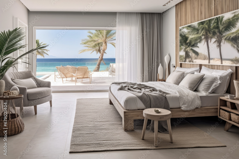 Fototapeta premium Seamless Indoor-Outdoor home with a Modern Beachfront Bedroom Aesthetic