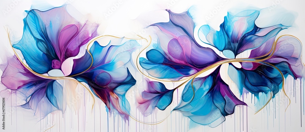 Blue Flowers on White with Dark Gold and Magenta Accents in Fluid Style.