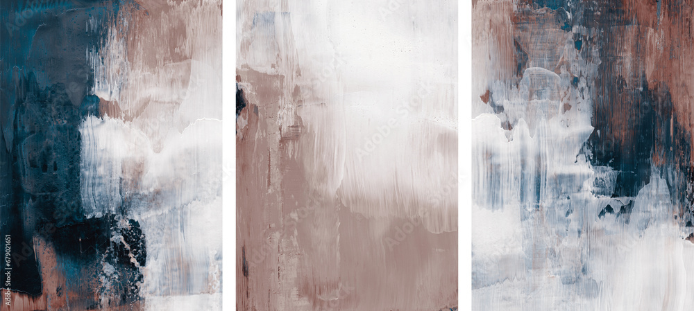 Three abstract paintings. Acrylic on paper. Muted colors. Versatile artistic image for creative design projects: posters, cards, banners, magazines, prints and wallpapers. Artist-made art. - obrazy, fototapety, plakaty 