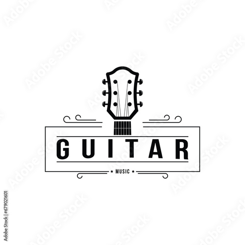 Retro style vintage guitar musical instrument logo design idea with label