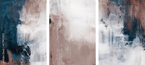 Three abstract paintings. Acrylic on paper. Muted colors. Versatile artistic image for creative design projects: posters, cards, banners, magazines, prints and wallpapers. Artist-made art.