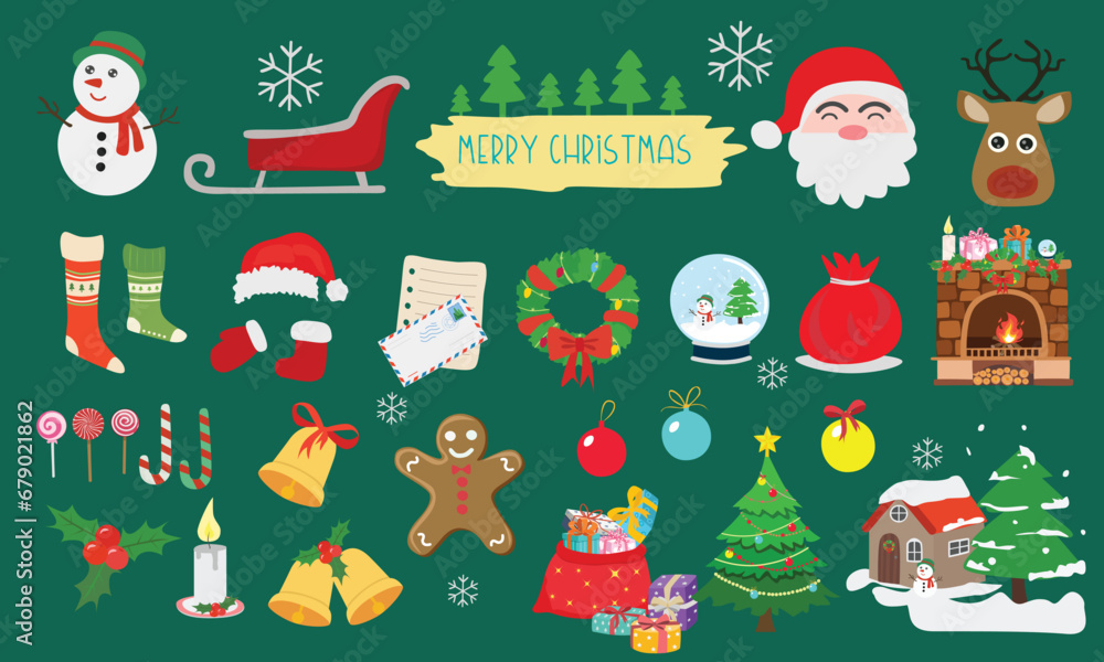 Christmas element vector set. Merry Christmas and happy new year clip art. Santa claus items and christmas decorations. Flat vector in cartoon style isolated on green background.