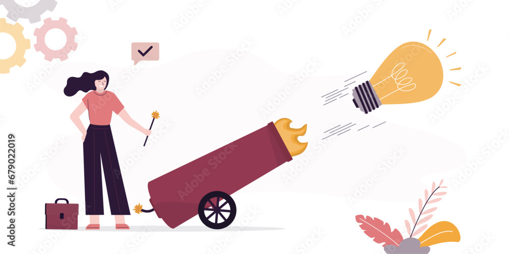 Smart businesswoman launching light bulb from cannon. Launch new business idea, creativity and innovative winning solution, entrepreneurship or start up business concept. Smart businesswoman launching light bulb from cannon. Launch new business idea, creativity and innovative winning solution, entrepreneurship or start up business concept.