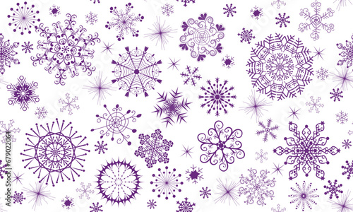 Seamless vector monochrome simple Christmas pattern with violet snowflakes on a transparent background