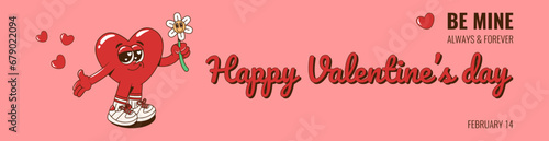 Retro groovy Happy Valentine's day banner template with hippie lovely heart character and text. Vector funky cartoon design for header of website.