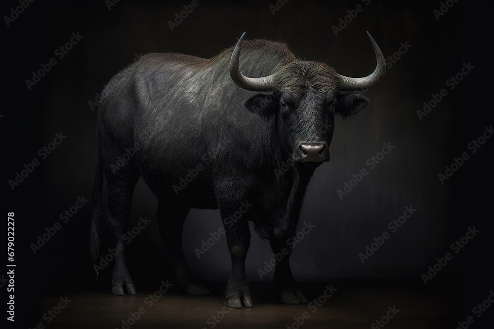 Obraz premium Muscular black bull on black background, photorealistic illustration