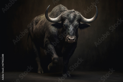 Muscular black bull on black background, photorealistic illustration