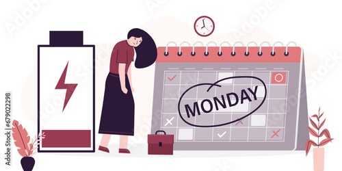 Tired businesswoman going to work, calendar showing Monday. Depression and sadness worker woman. Monday blues, tired and fear of routine office work,