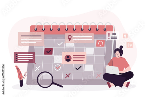 Time management, schedule. Smart businesswoman planning day scheduling appointment in calendar, sending messages, adding event.