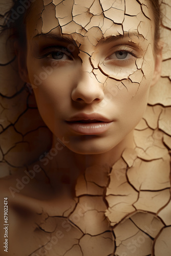 Skin care concept. Female face with dry cracked texture, dry skin