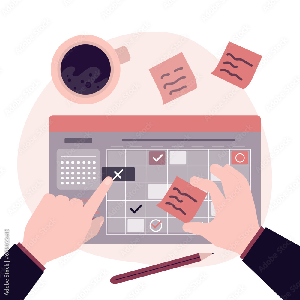 Writing plans on sticky memo notes, making schedule in paper planner, notebook. Hands with pen and personal timetable, reminders in organizer. Workplace desk, top view. Writing plans on sticky memo notes, making schedule in paper planner, notebook. Hands with pen and personal timetable, reminders in organizer. Workplace desk, top view.