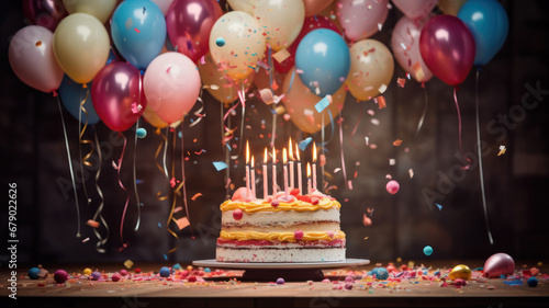 Celebration birthday cake with candles on a soft color background