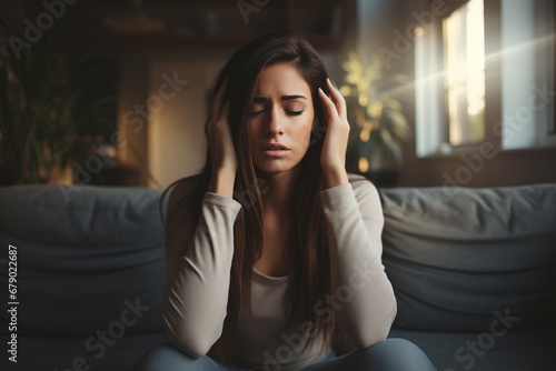 girl with a strong headache, with a sad face, holding her head with her hands