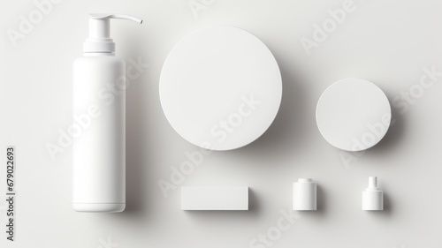 mockup white set featuring blank cosmetic packaging designs photo