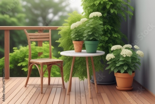 Balcony with chairs and table in the garden photo
