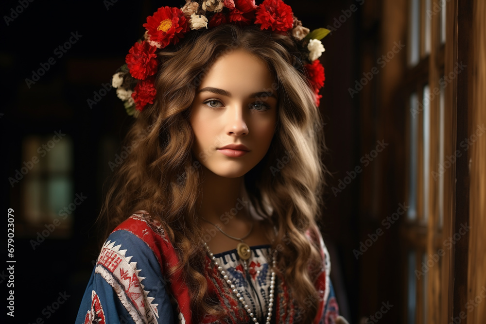 Fototapeta premium portrait of a beautiful Ukrainian woman in national clothes with a wreath on her head and an embroidered shirt