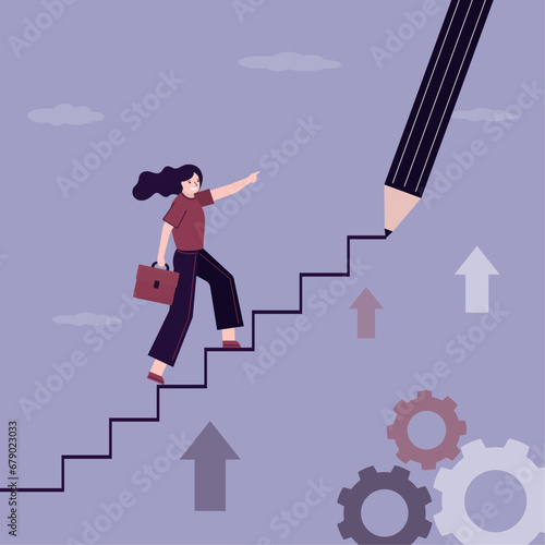 Giant pencil draws career ladder or way to success. Ambitious student or businesswoman novice climbing stairs. Mentorship, business support, help in improving skills and developmen