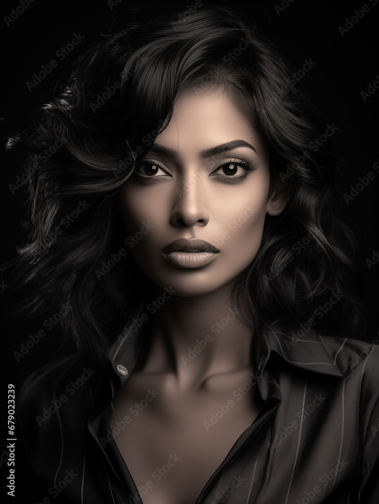 Portrait of a fashionable Indian model, a black and white, woman from India