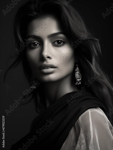Portrait of a fashionable Indian model  a black and white  woman from India
