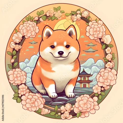 日本の背景と桜に囲まれた可愛い柴犬のイラスト