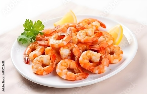 tasty cooked shrimps seafood on white plate on white wooden table