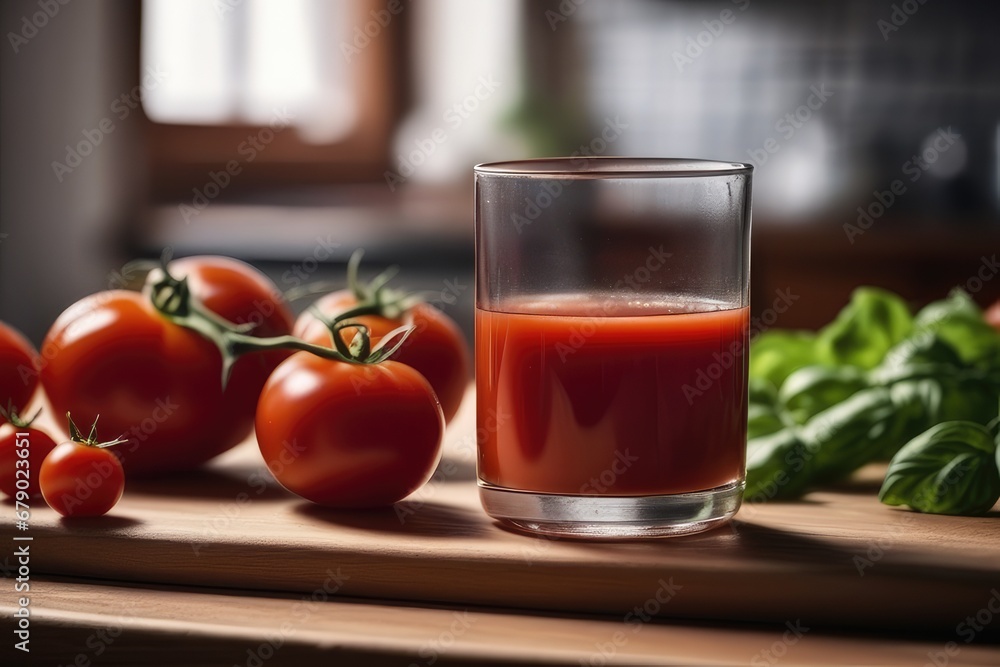 Tomato juice in a glass and fresh tomatoes on a kitchen table Tomato juice in a glass and fresh tomatoes on a kitchen table