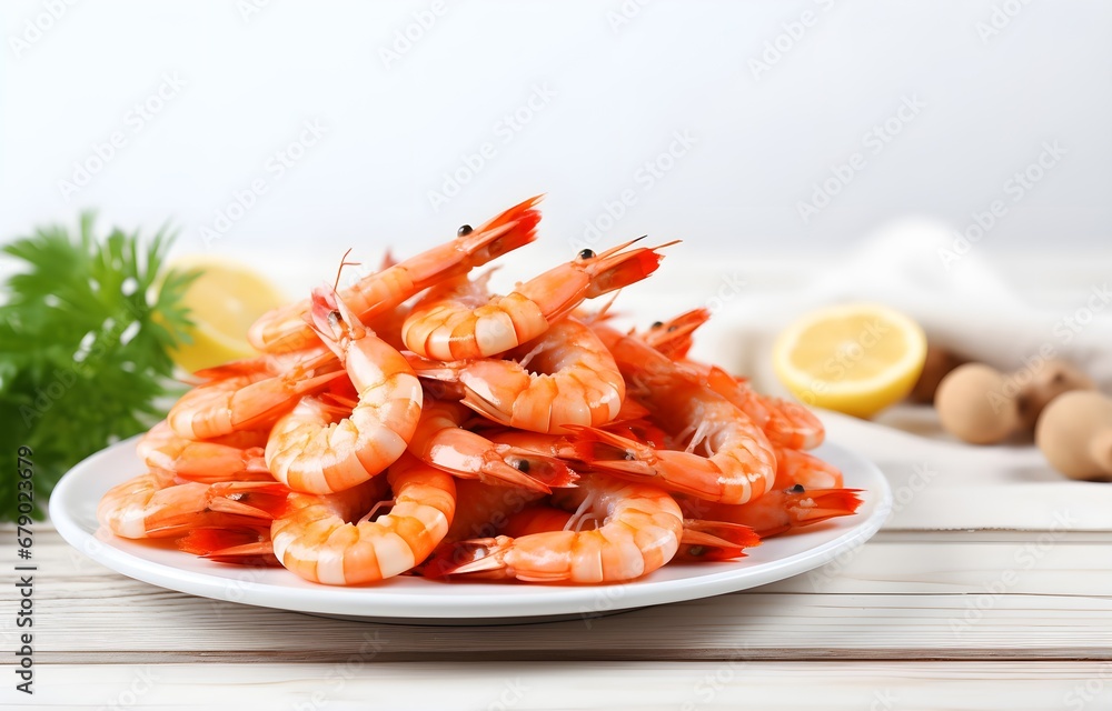 tasty cooked shrimps seafood on white plate on white wooden table tasty cooked shrimps seafood on white plate on white wooden table