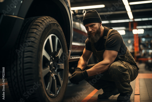 Car mechanics changing tire at auto repair shop garage
