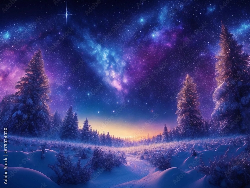 Cosmic sky full of bright shining stars, over a winter landscape on Christmas night. Generative AI