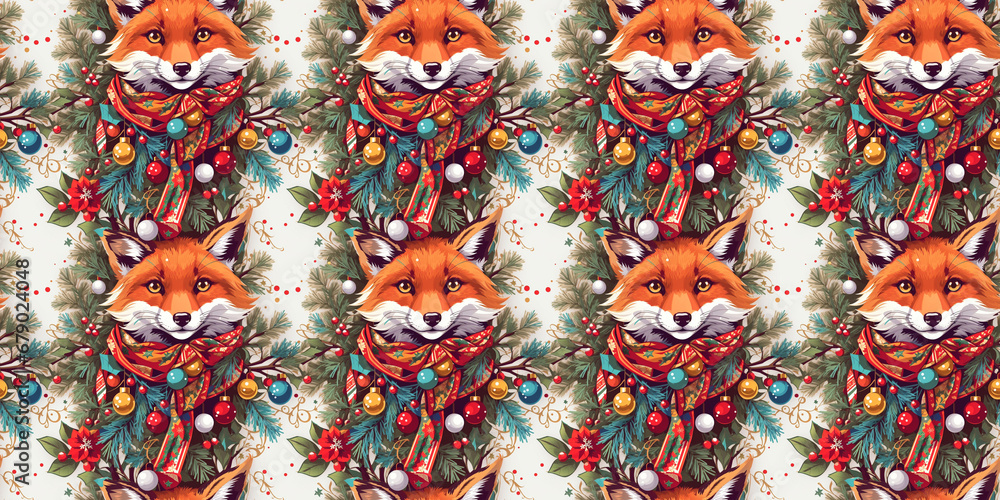 Seamless pattern of an fox in knitted scarf, Christmas decorations and trees.Generative AI