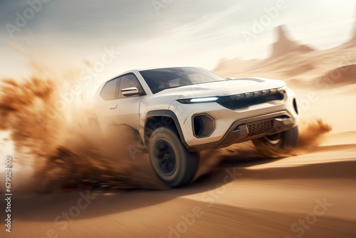 An abstract off-road 4x4 car racing on high speed at the dessert. Generative art © Cheport