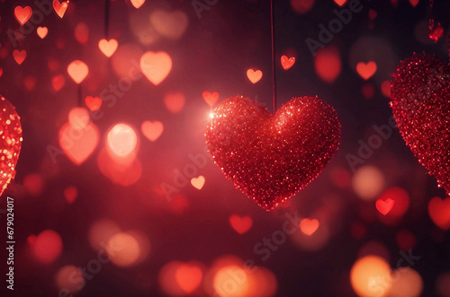 Small red hearts, sparkling, shiny, glimmering, magic atmosphere, intensly detailed, bokeh. Gnerative AI