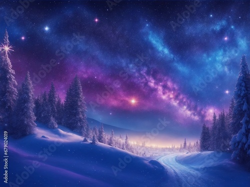 Cosmic sky full of bright shining stars, over a winter landscape on Christmas night. Generative AI