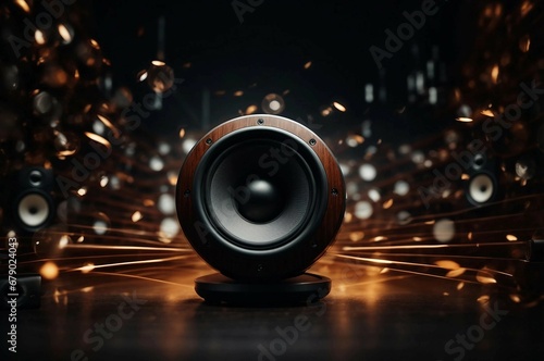 Large subwoofer in center of illustration on abstract musical background. .Generative ai. photo