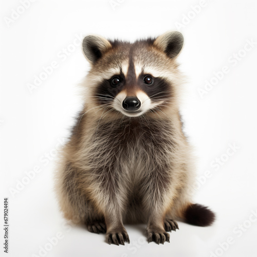 Cute racoon sitting isolated on white background