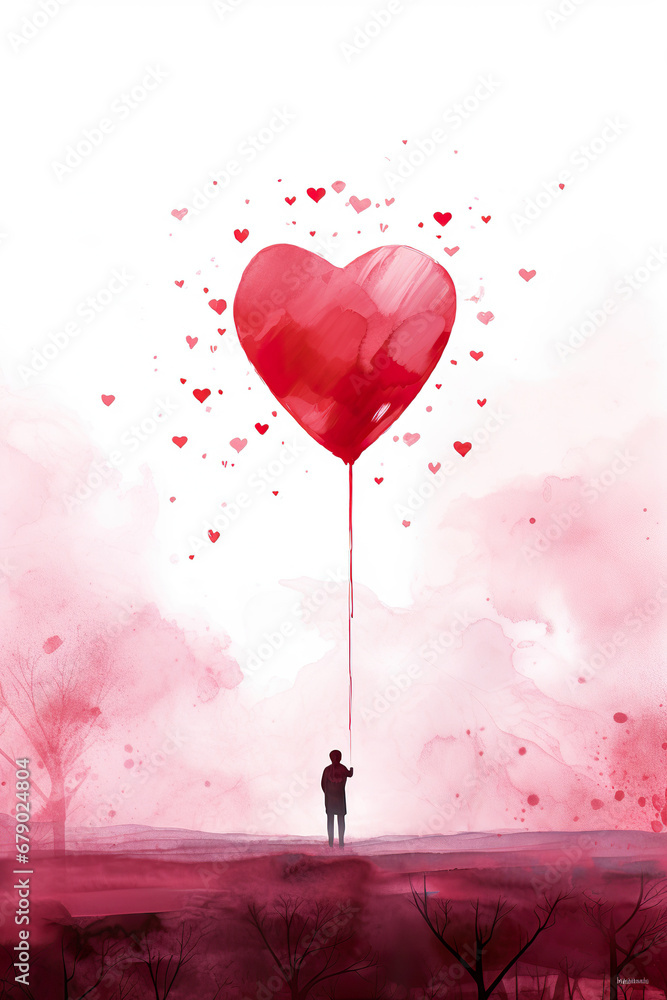 Single person silhouette with a red balloon in the shape of heart. Vertical romantic background for gift card