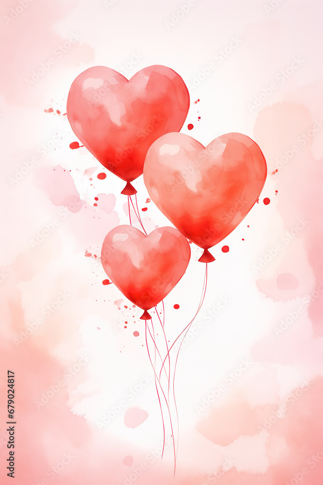Red balloons in shapes of hearts, St Valentine's day minimalistic background. Watercolor illustration, symbol of love
