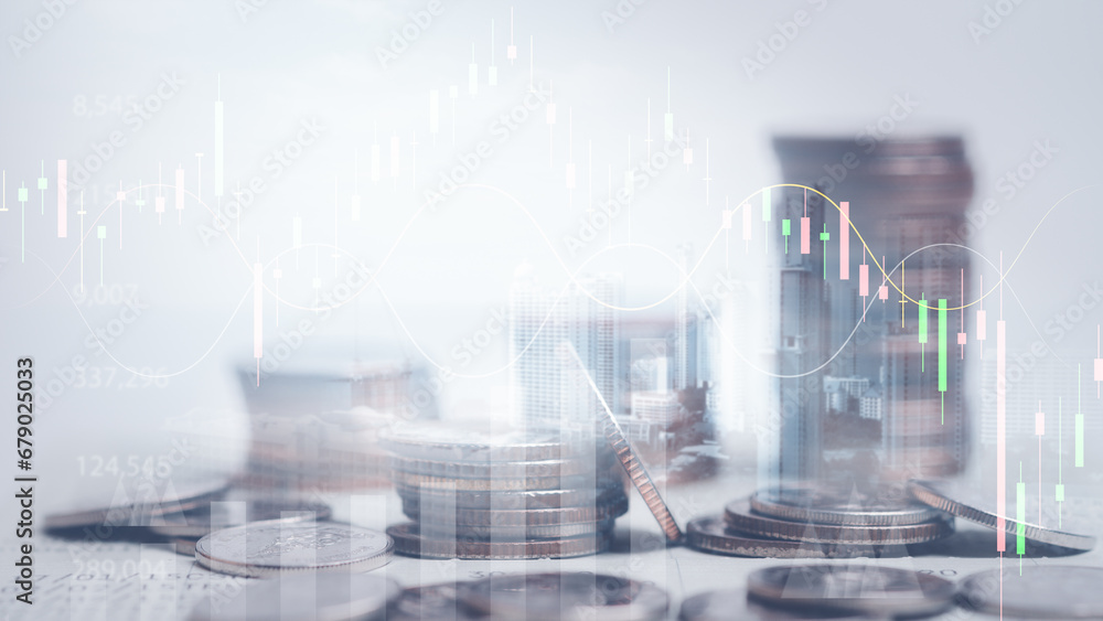 Double exposure of coins and city background for finance and banking concept,Financial, investment,saving, business concept. - obrazy, fototapety, plakaty 