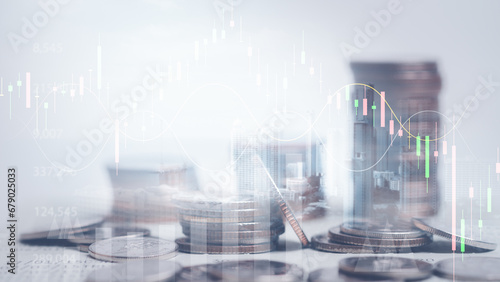 Double exposure of coins and city background for finance and banking concept,Financial, investment,saving, business concept. photo