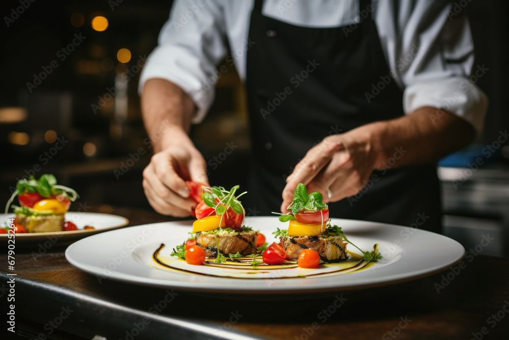 Close-up view of hands of chef preparing tasty fresh gourmet dish on white plate