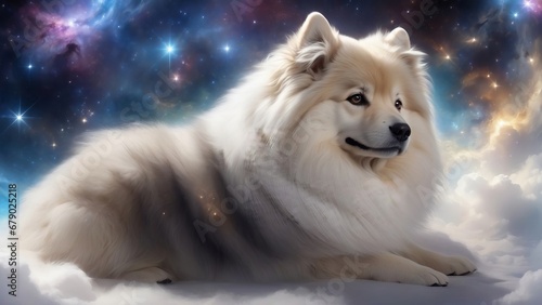 Dog in space and nebula. Gas cloud. Cosmic art. Galactic art. 4K - 8K - 12K TV. Generative AI. © Habelcaceres
