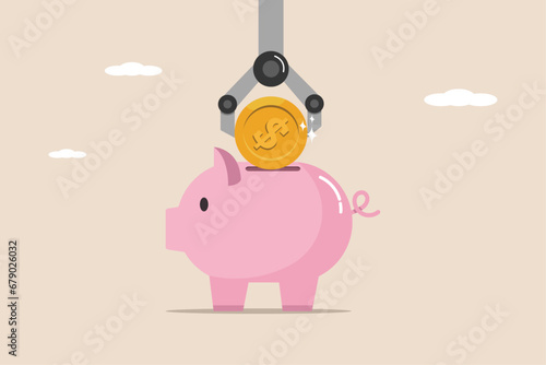 Automatic investment or savings, technology that uses artificial intelligence, financial or FinTech concept, smart robot arm putting gold coins into a savings piggy bank.